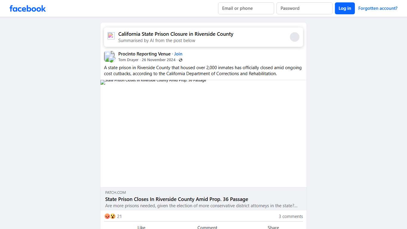Procinto Reporting Venue A state prison in Riverside County that housed over 2,000 inmates has officially closed amid ongoing cost cutbacks, according to the California Depart... Facebook